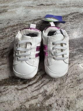Baby White Sneakers with Metallic Pink Stripes - Infant Walker Shoes size 19